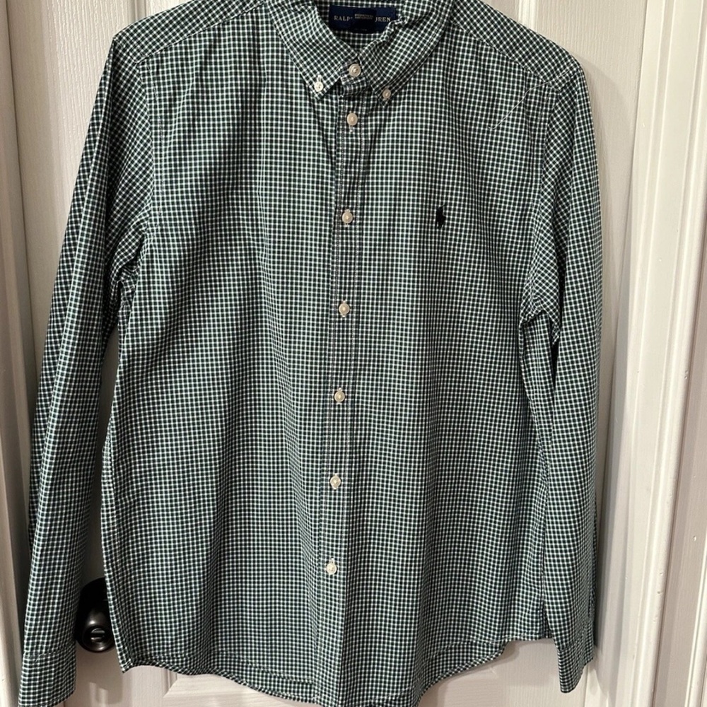 Ralph Lauren Men's Green Checkered Button Down Shirt YOUTH XL 18-20